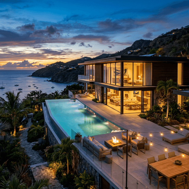 Modern luxury vacation rental property at dusk